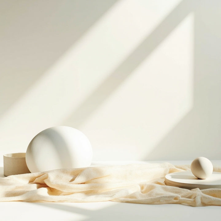 Minimalist AEMBR home decor with white ceramic shapes and neutral fabric in natural light
