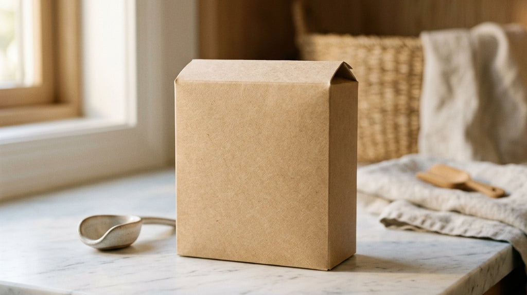 Minimal powder vessel on marble countertop, warm light, product editorial