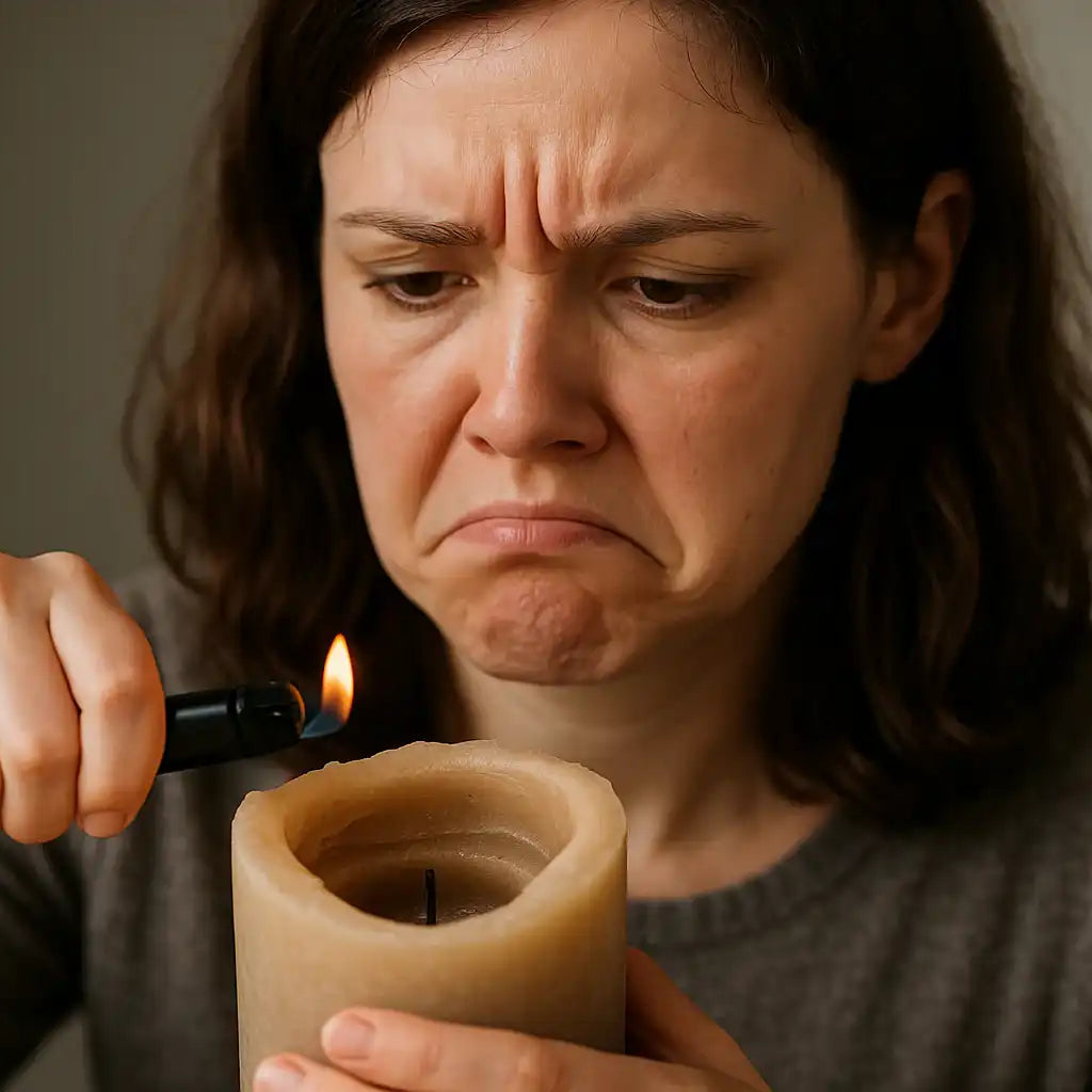 Woman frowning while lighting a tunneling candle, home setting, AEMBR non-toxic focus