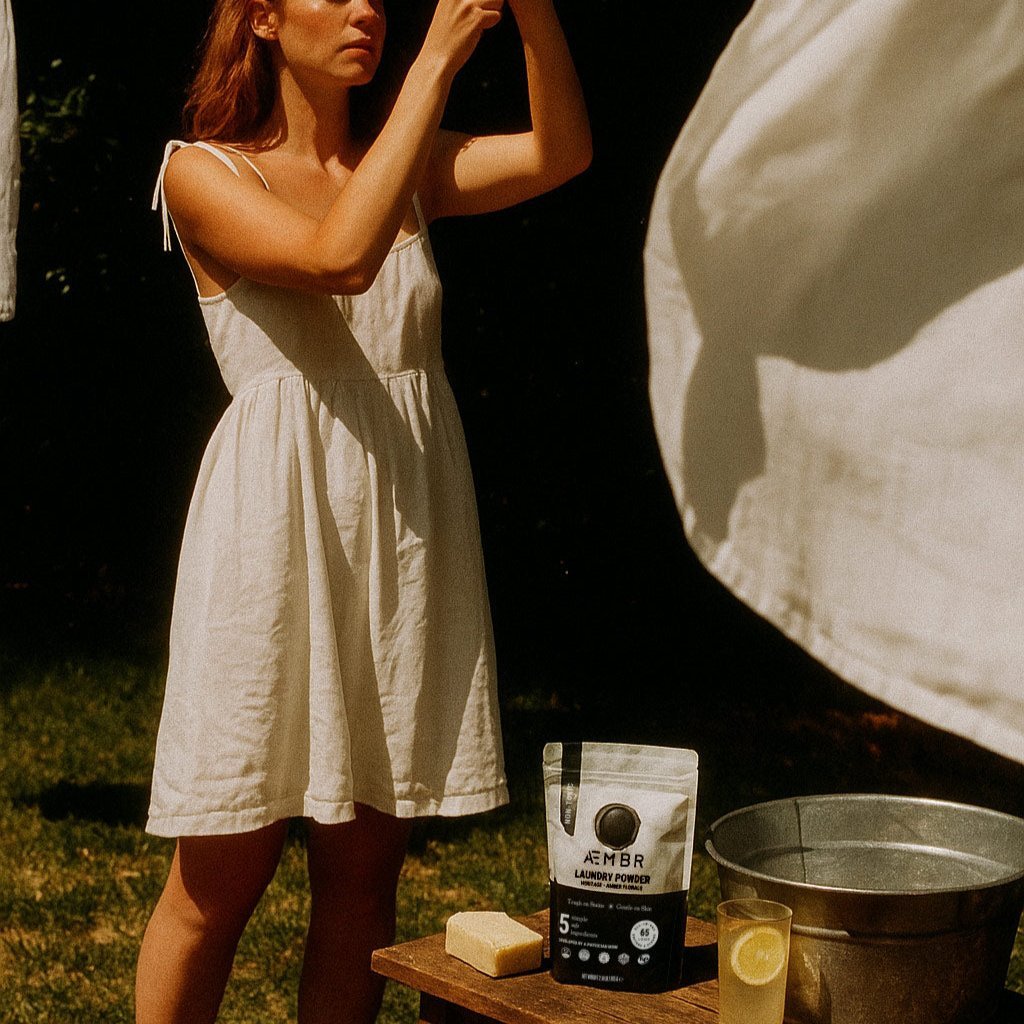 Woman outdoors hanging laundry near AEMBR non-toxic laundry powder, soap, and water bucket