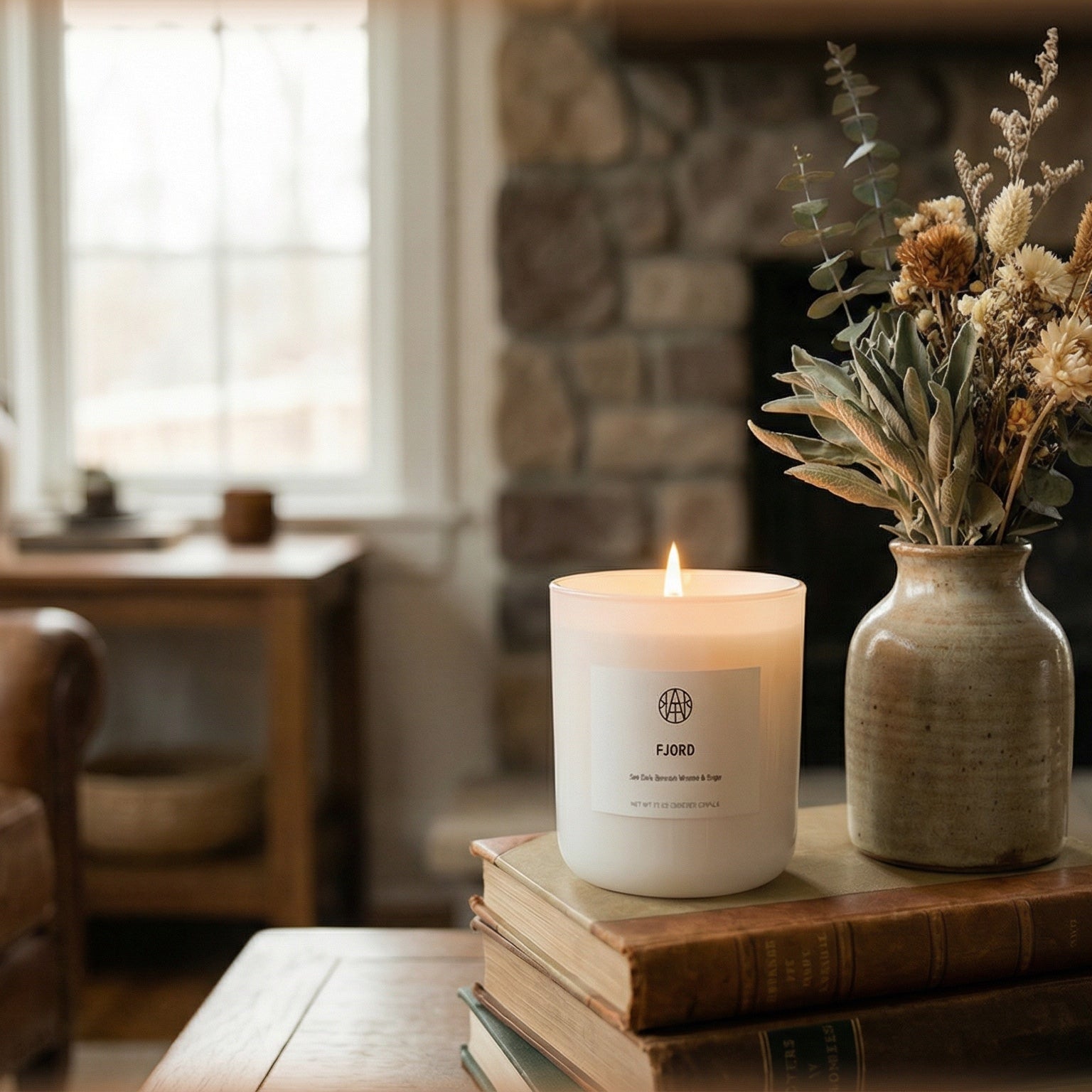 Lit non-toxic candle in white glass jar next to dried flowers, cozy living room setting