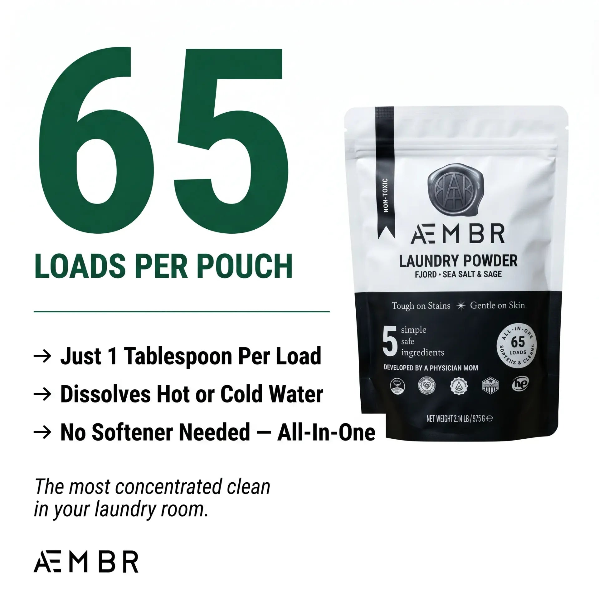 AEMBR Laundry Powder — 65 loads per pouch, 1 tablespoon per load, dissolves hot or cold water, no softener needed