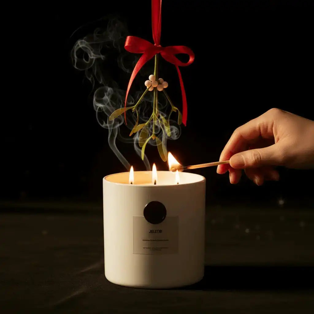 AEMBR non-toxic candle in white jar being lit under mistletoe with red ribbon, black background