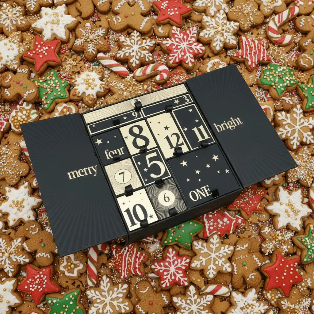 AEMBR black and gold advent calendar on festive iced Christmas cookies background