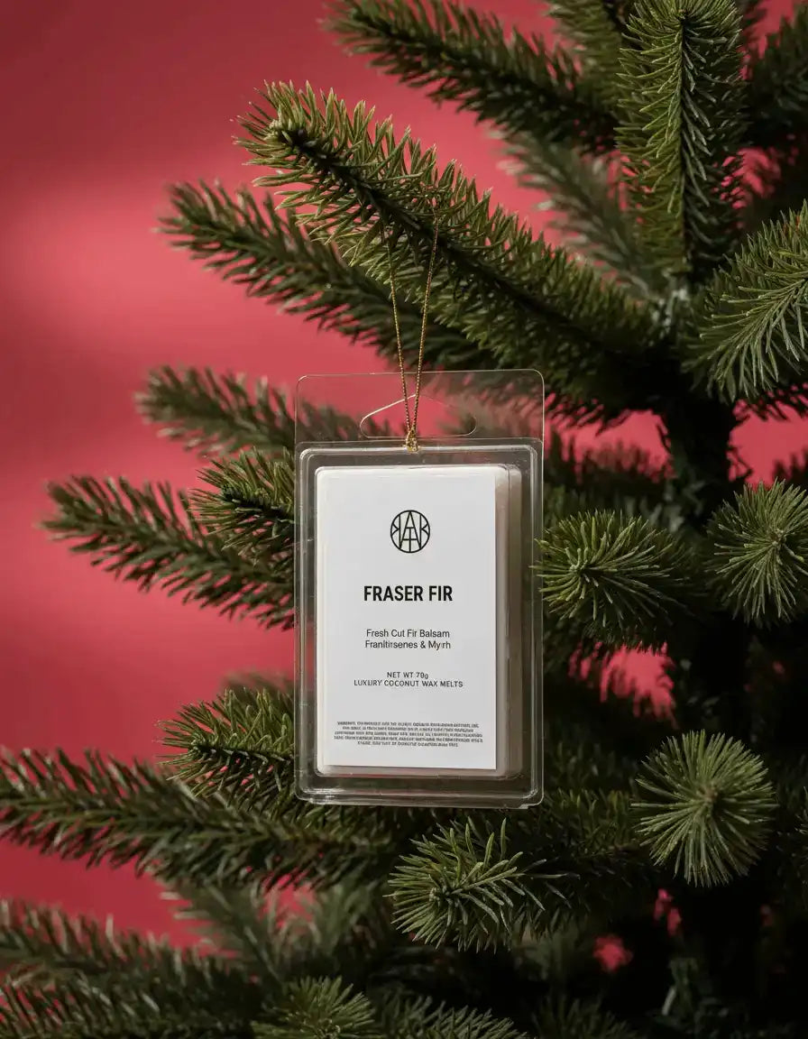 AEMBR Fraser Fir coconut wax melts hanging on Christmas tree with red background