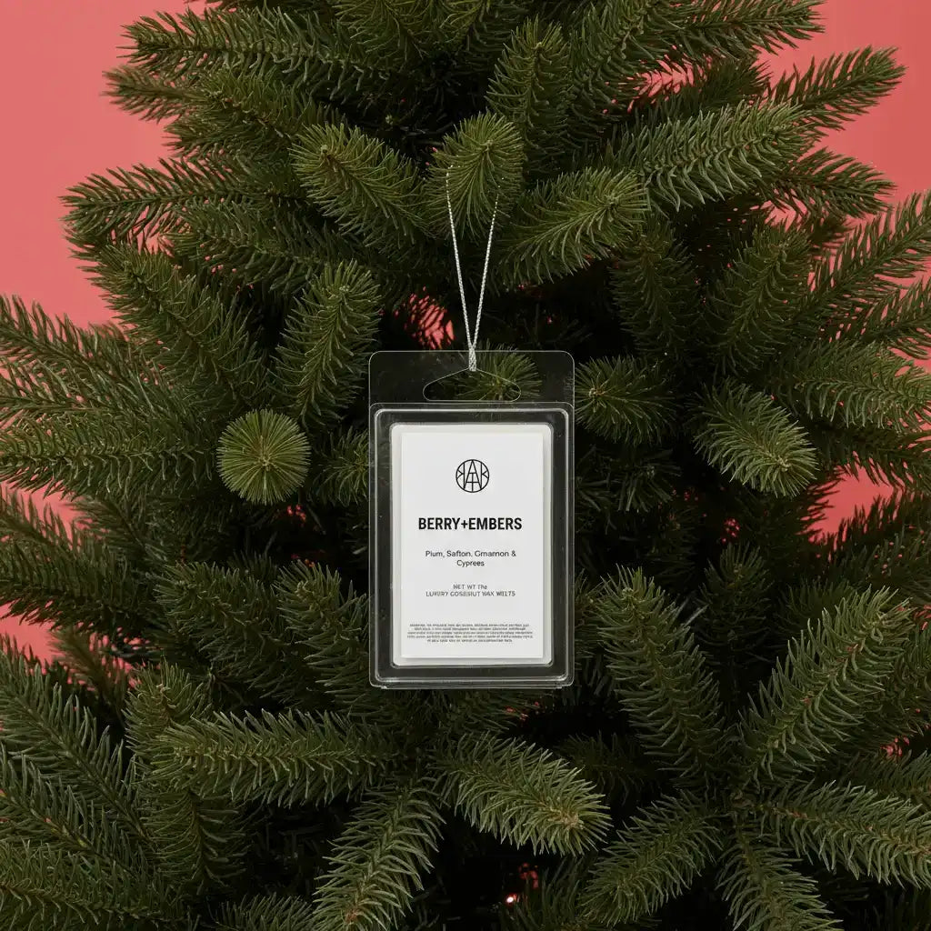 AEMBR Berry+Embers scented wax melt hanging on a green pine tree against a pink background