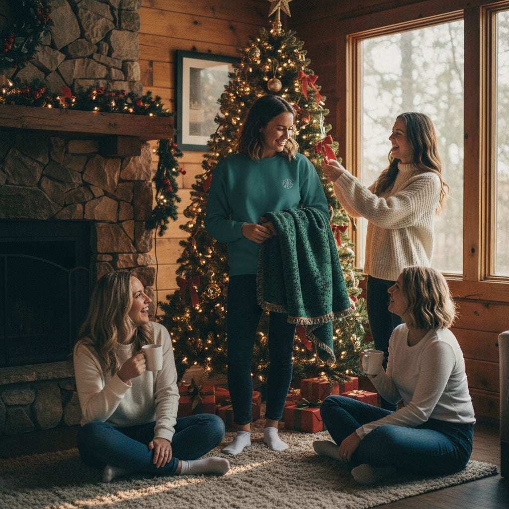 Four women enjoy a cozy holiday setting by a Christmas tree and fireplace, AEMBR lifestyle