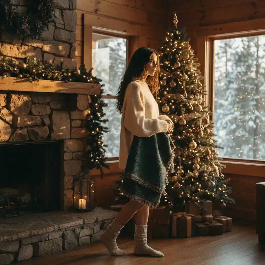 Woman in cozy sweater near Christmas tree and fireplace in AEMBR holiday home setting