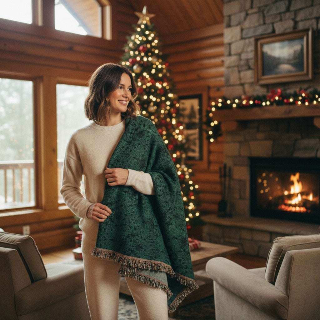 Woman in cozy AEMBR home, wearing cream sweater, with green throw, Christmas tree and fireplace