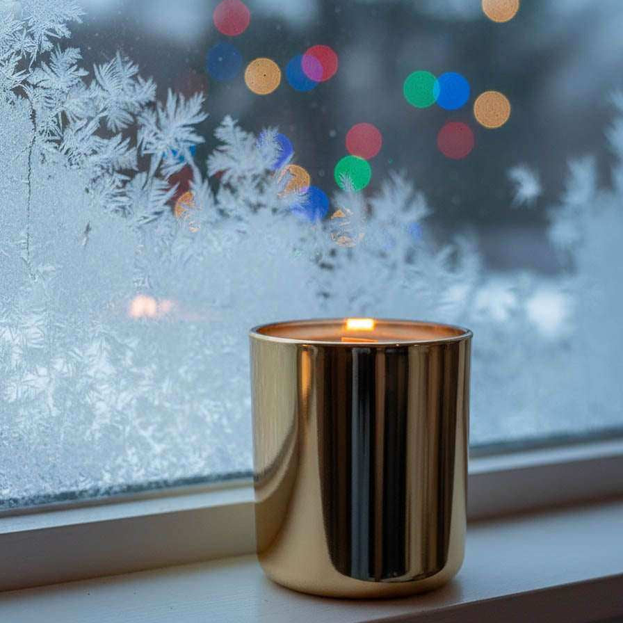 AEMBR gold candle on frosted windowsill with holiday lights, home decor inspiration