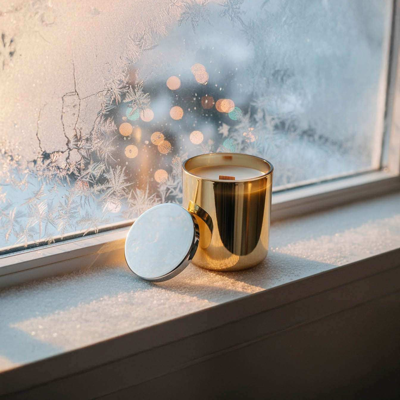 AEMBR gold candle with lid on frosted winter windowsill, soft morning light