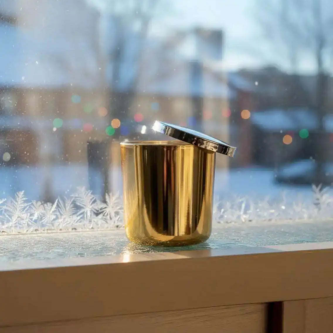 AEMBR gold candle with silver lid on frosty windowsill, soft winter light in background
