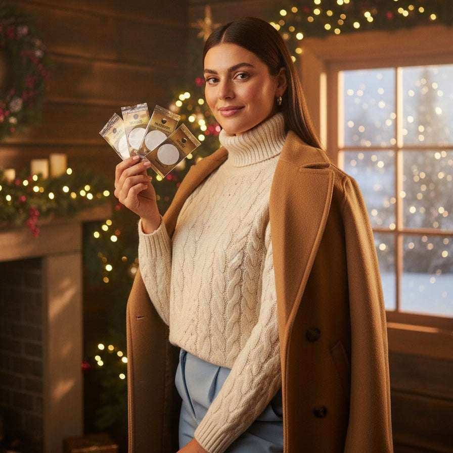 Woman holding AEMBR non-toxic home products in cozy holiday setting with festive lights