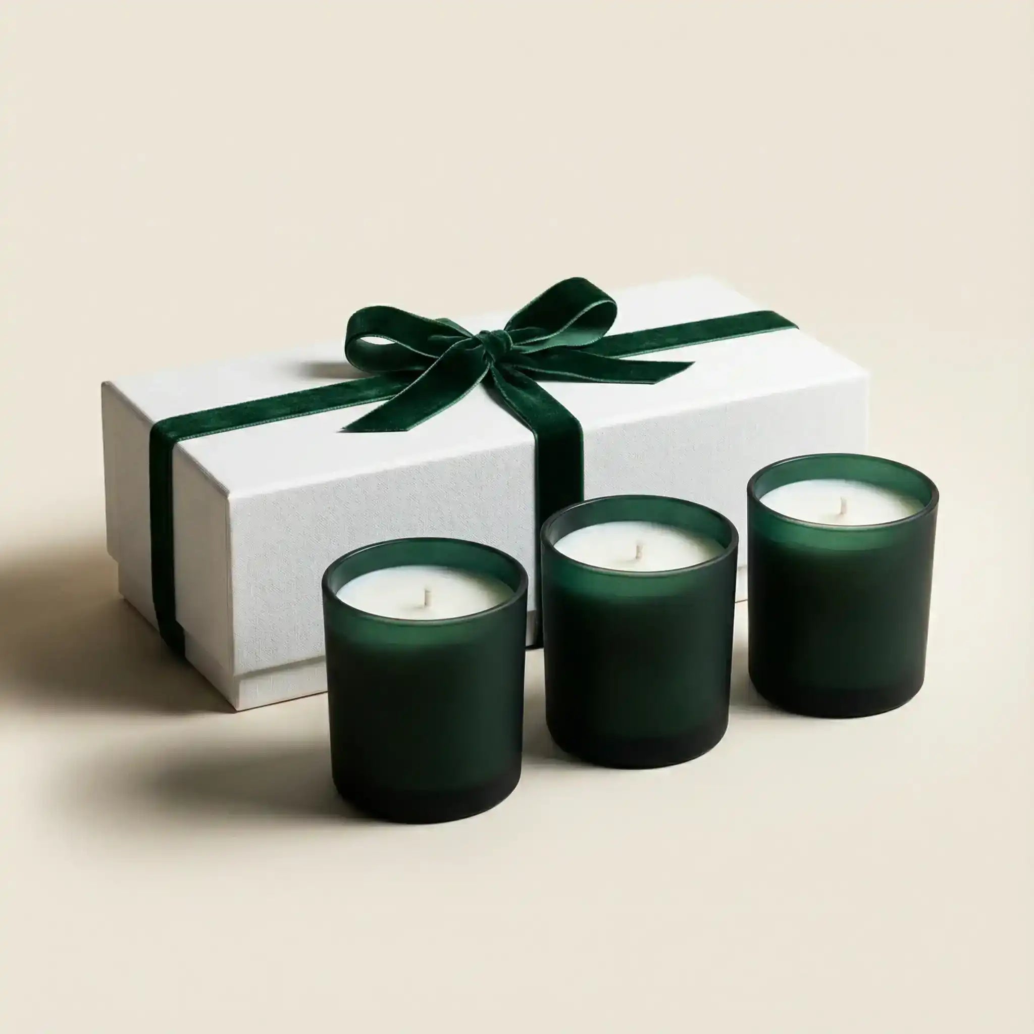 AEMBR gift set with three green candles and a white box tied with a green velvet ribbon