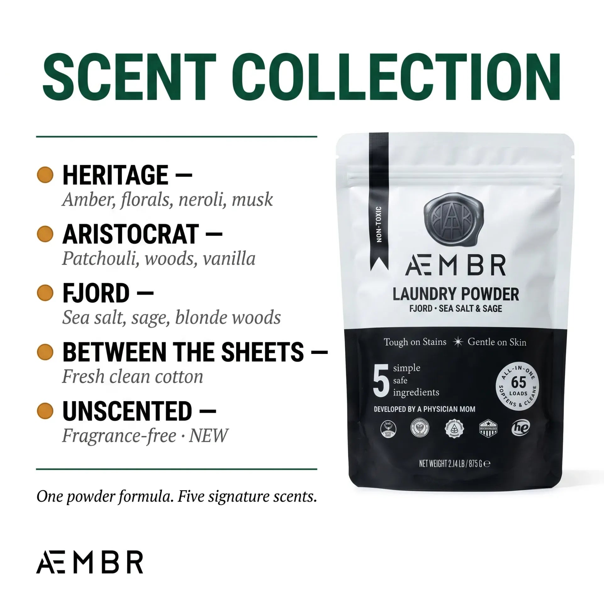 AEMBR Laundry Powder scent collection: Heritage, Aristocrat, Fjord, Between the Sheets, Unscented — non-toxic luxury detergent
