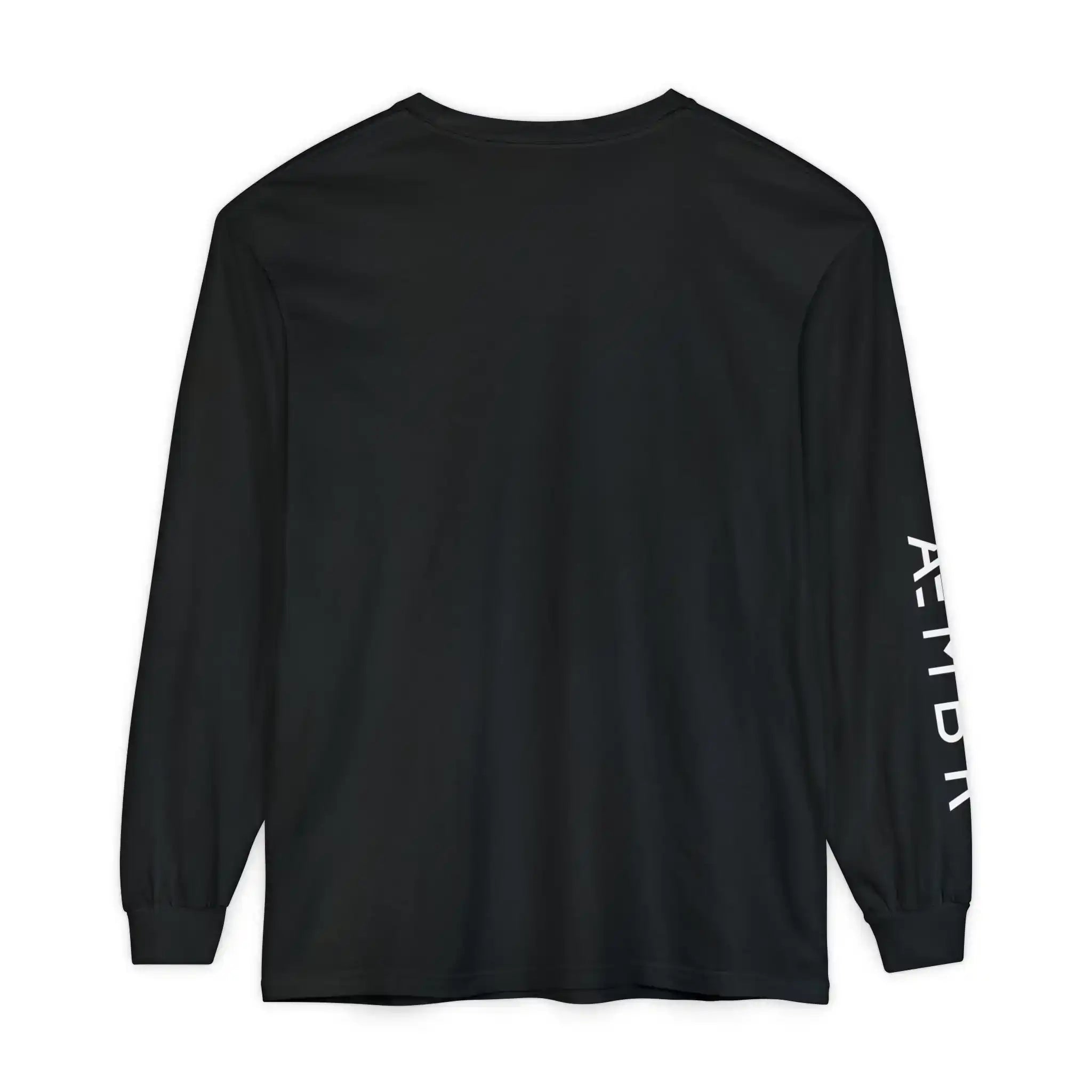 AEMBR black long sleeve shirt with white logo on sleeve, back view