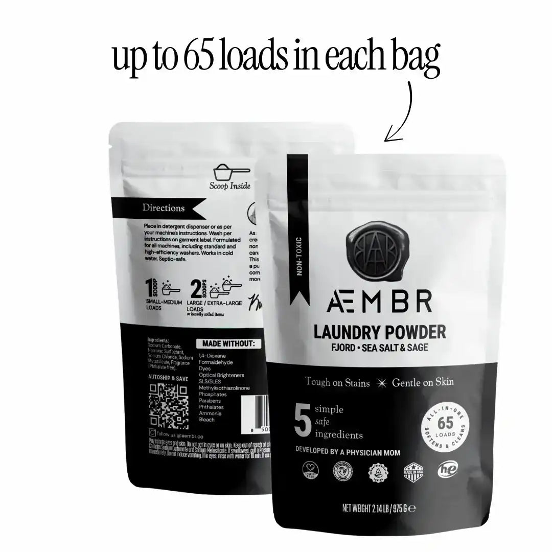 AEMBR laundry powder non-toxic detergent bags, sea salt sage scent, up to 65 loads per bag
