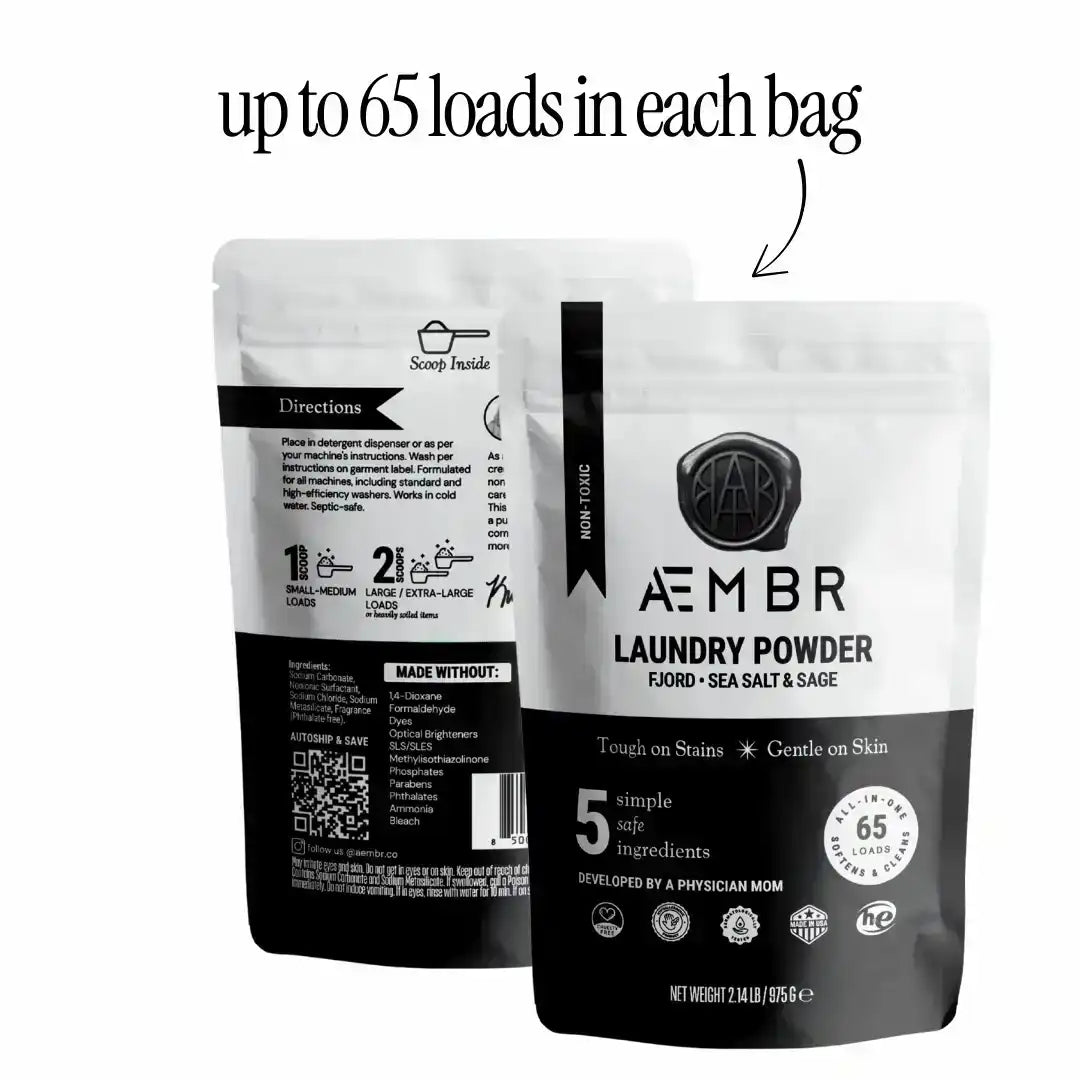 Non-toxic laundry powder packaging, labeled for up to 65 loads, with sea salt and sage.