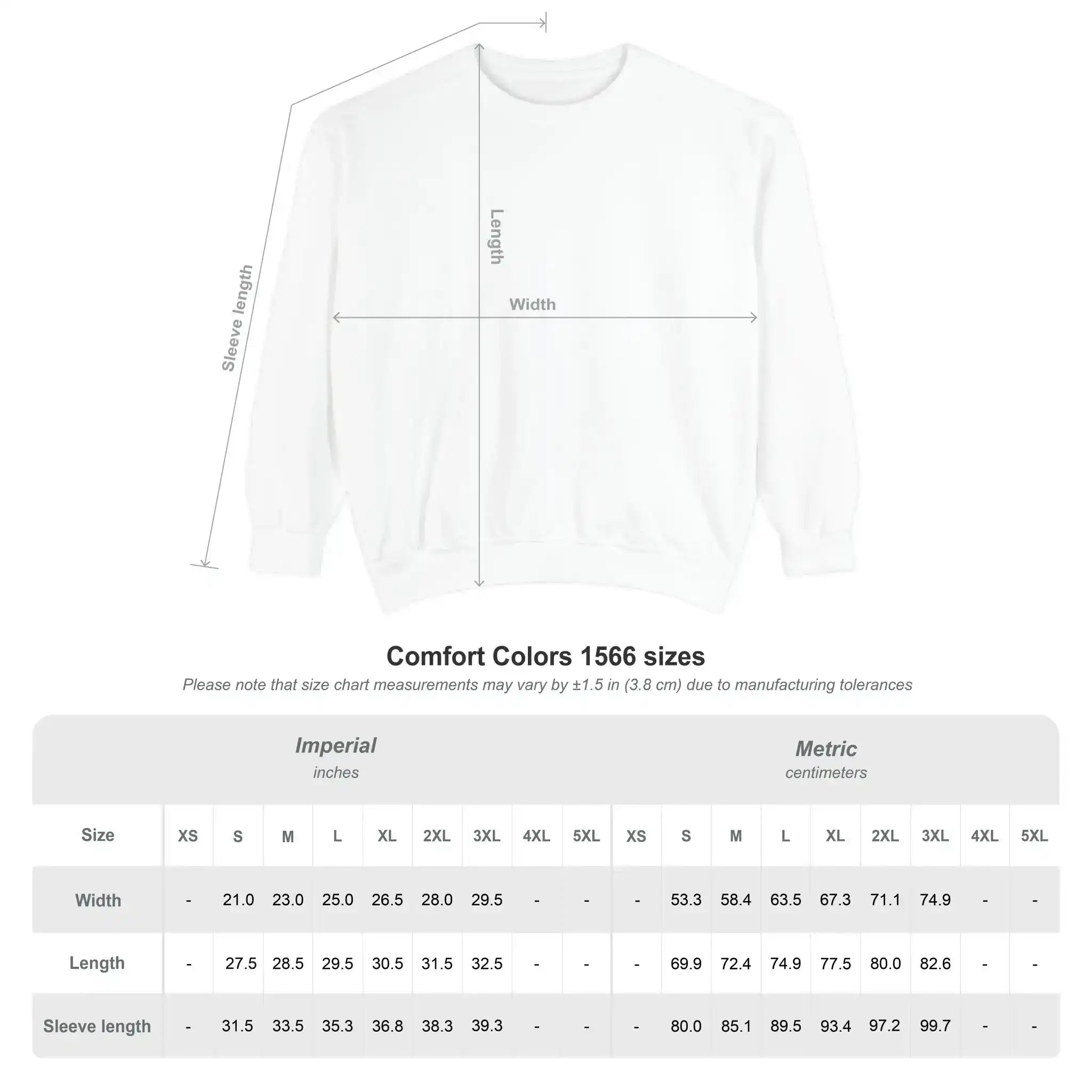 AEMBR Comfort Colors 1566 sweatshirt size chart with width, length, sleeve measurements in inches and cm.