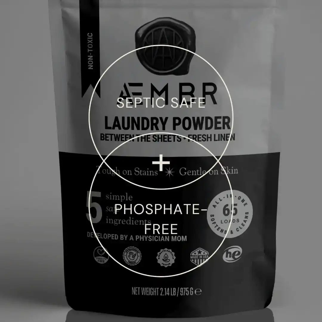 AEMBR non-toxic laundry powder pouch, septic safe, phosphate-free, fresh linen scent.