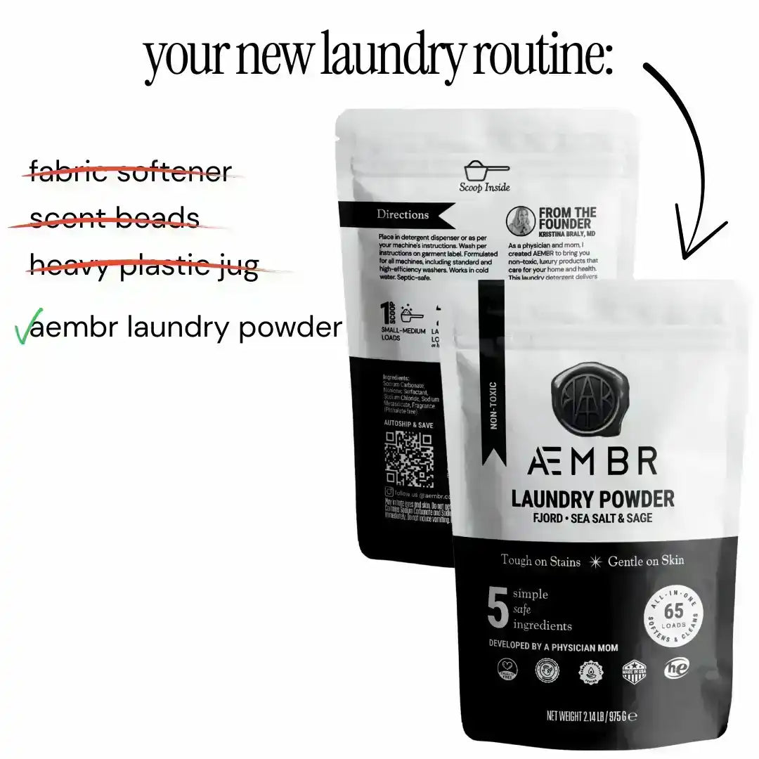 AEMBR laundry powder non-toxic detergent bags with text highlighting safe, eco-friendly home cleaning.