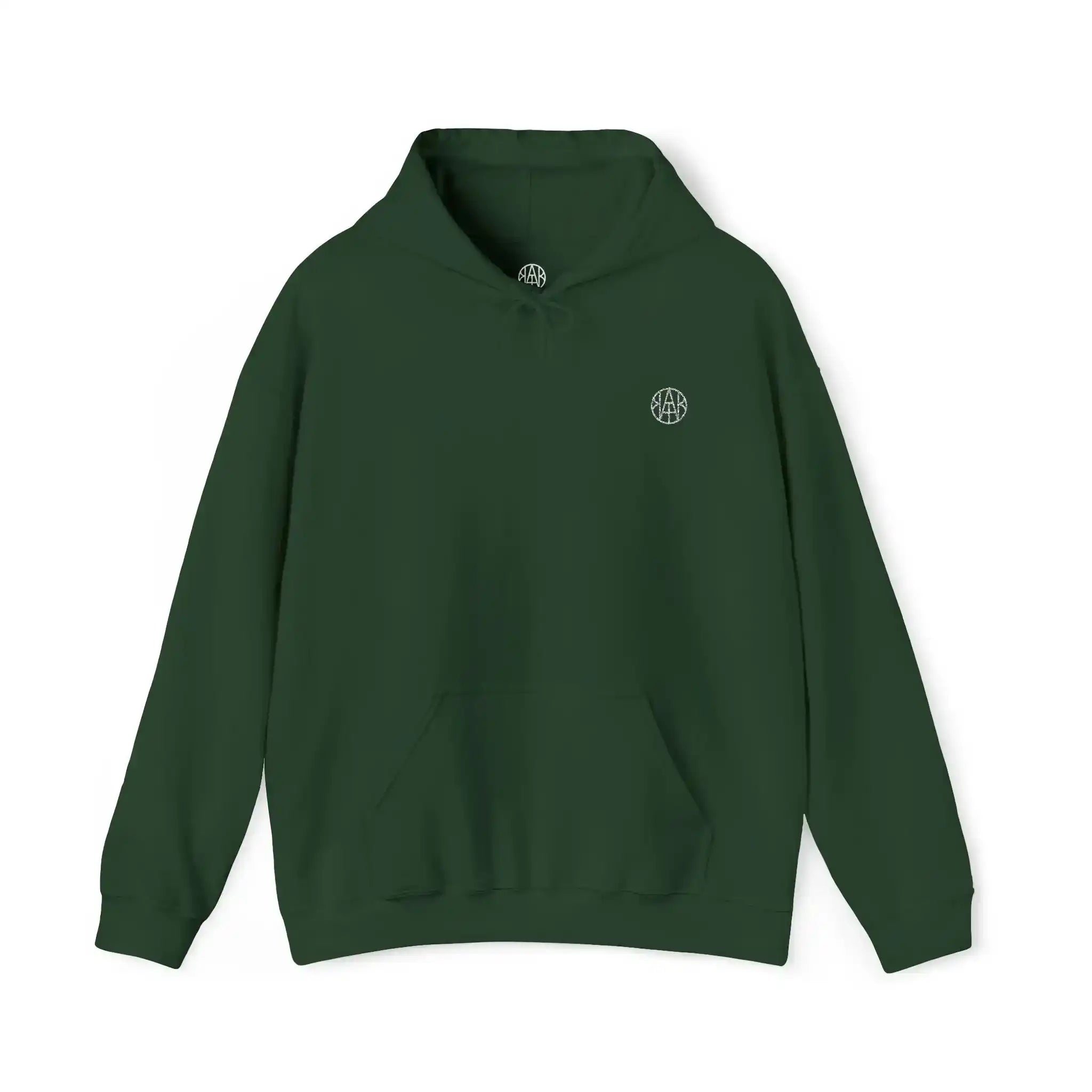 AEMBR dark green hoodie with white logo on chest, simple eco-friendly sweatshirt.