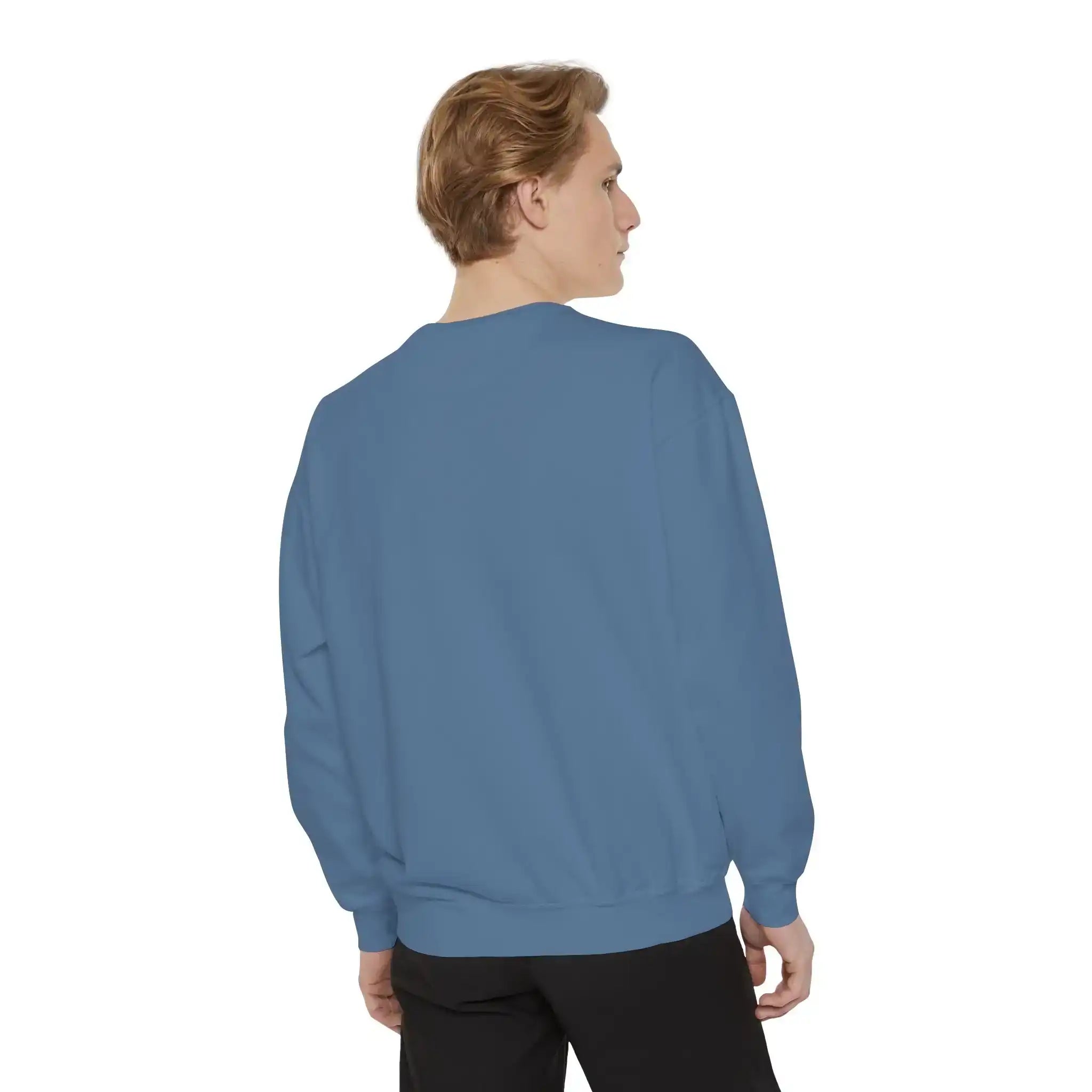 AEMBR blue unisex sweatshirt, back view, worn by model, simple and casual style