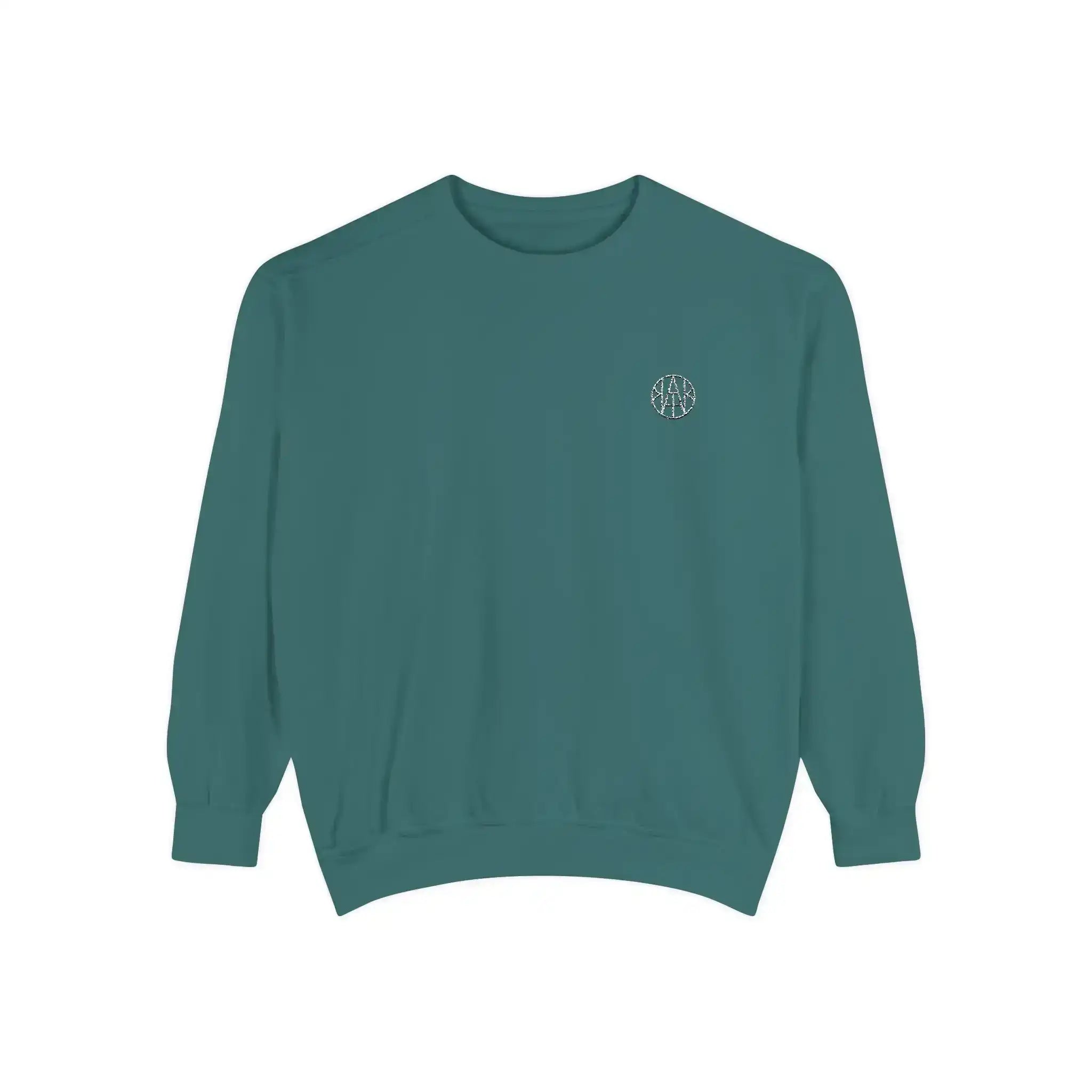 AEMBR teal crewneck sweatshirt with white minimalist logo on front, displayed on white background