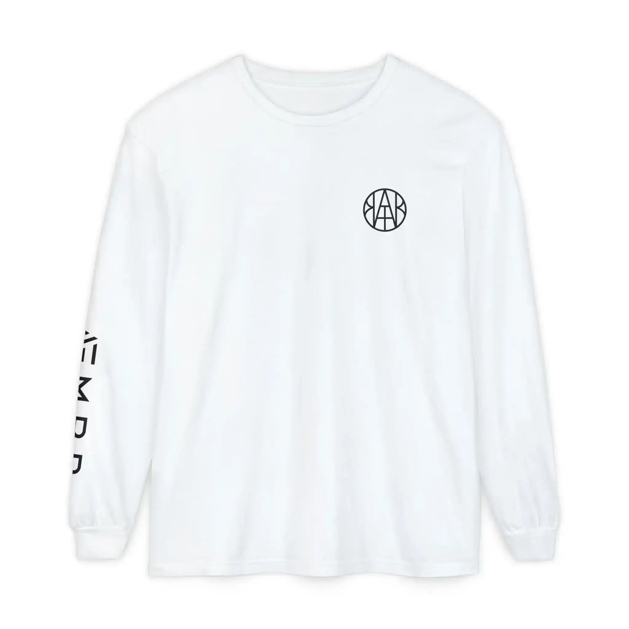 AEMBR white long sleeve shirt with black logo on chest and brand name on sleeve