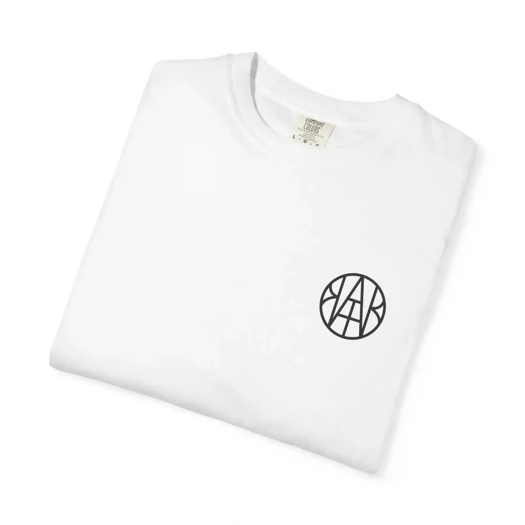 Folded white t-shirt with black circular monogram logo on chest, minimalist design