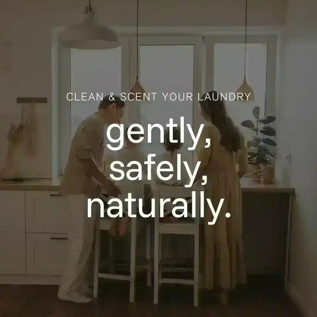 Family in cozy kitchen using non-toxic laundry detergent, text reads gently, safely, naturally.