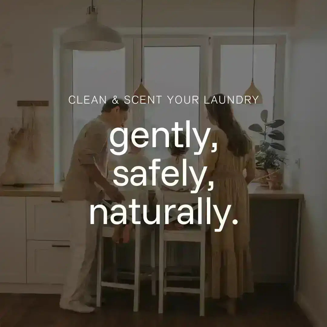 AEMBR non-toxic laundry detergent ad with family in bright kitchen, text reads gently, safely, naturally.