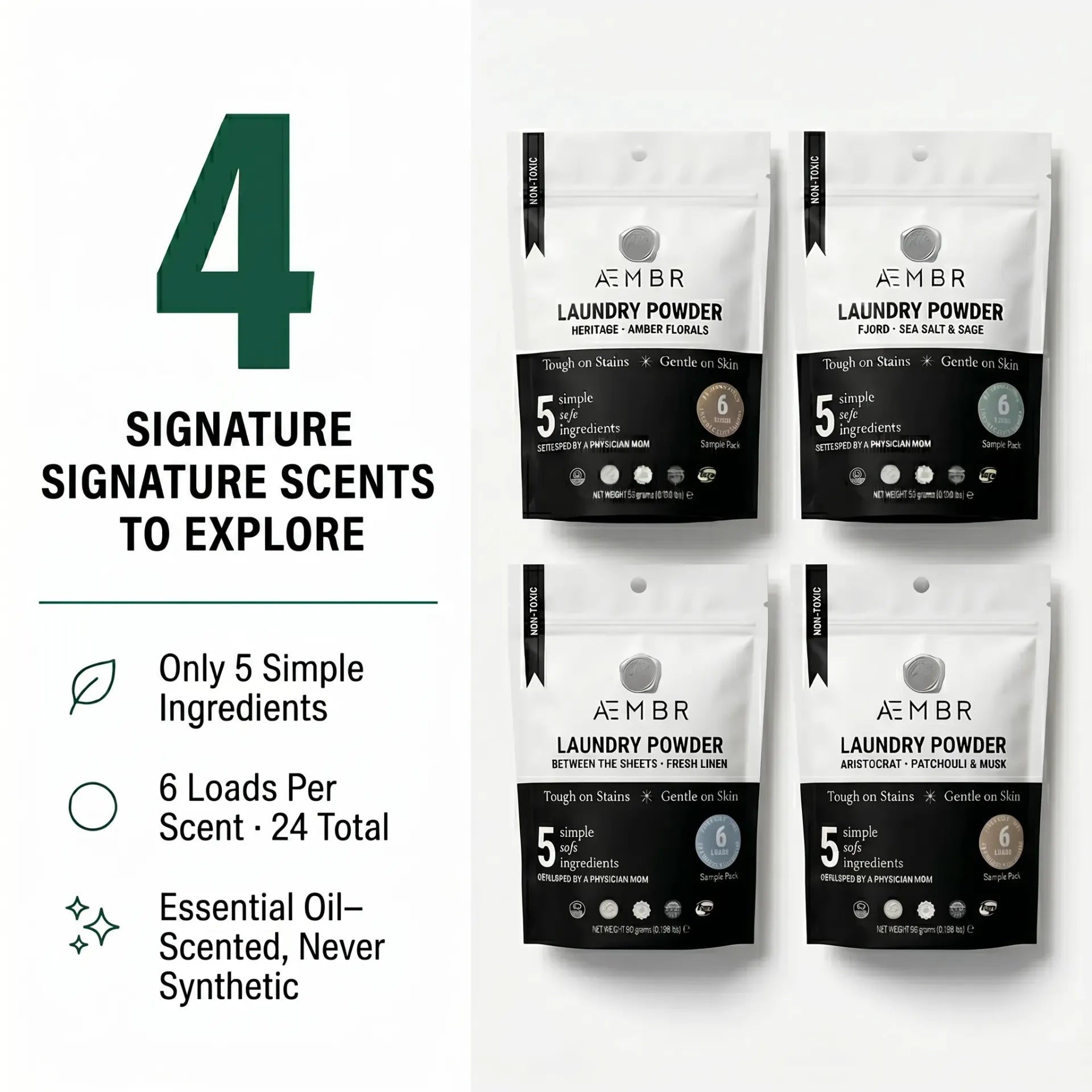 AEMBR laundry powder scent sampler pack with multiple small bottles of different fragrances for laundry bundles.