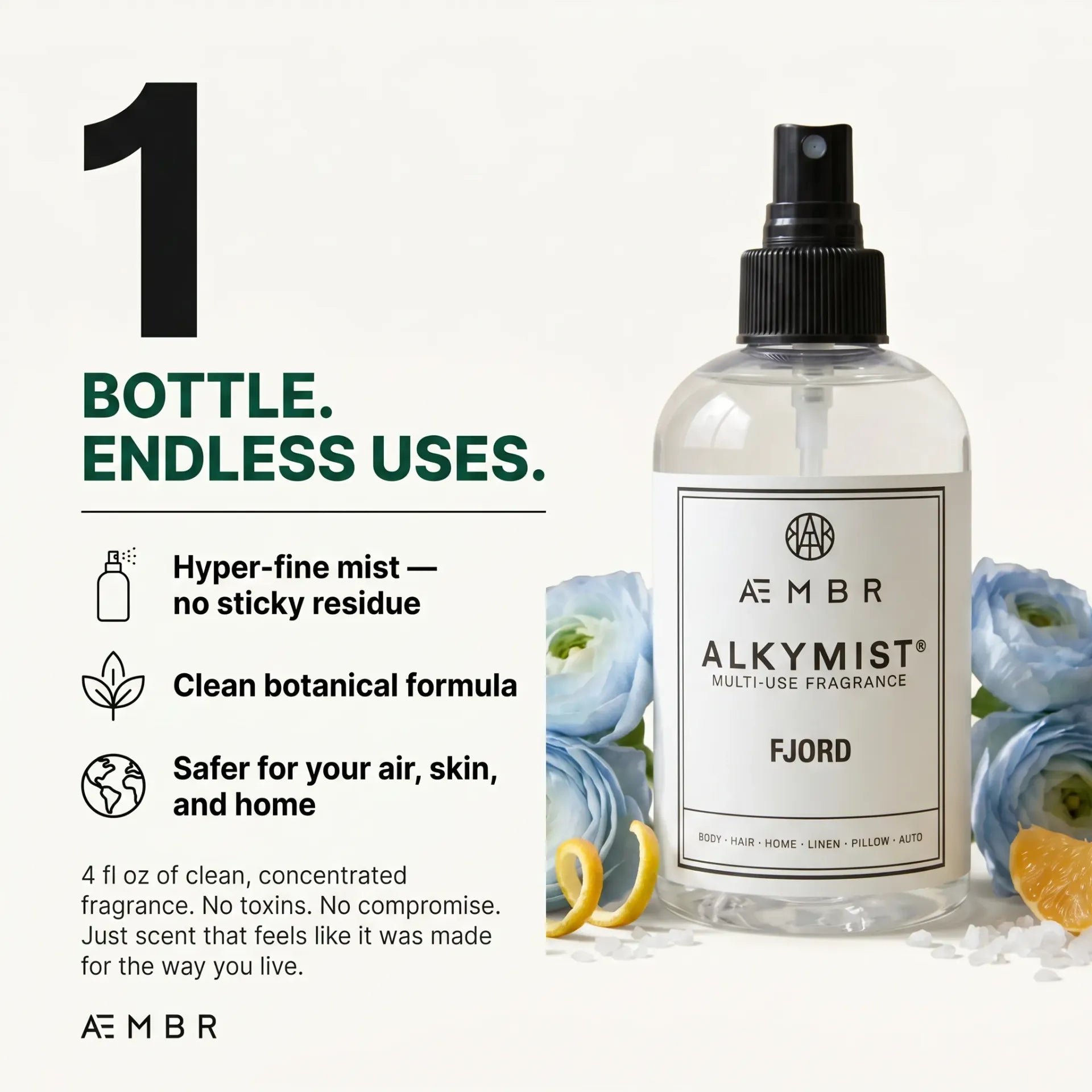Alkymist® Fjord multi-use room spray by AEMBR, featuring a sleek bottle with a minimalist design and a calming ocean-inspired scent.