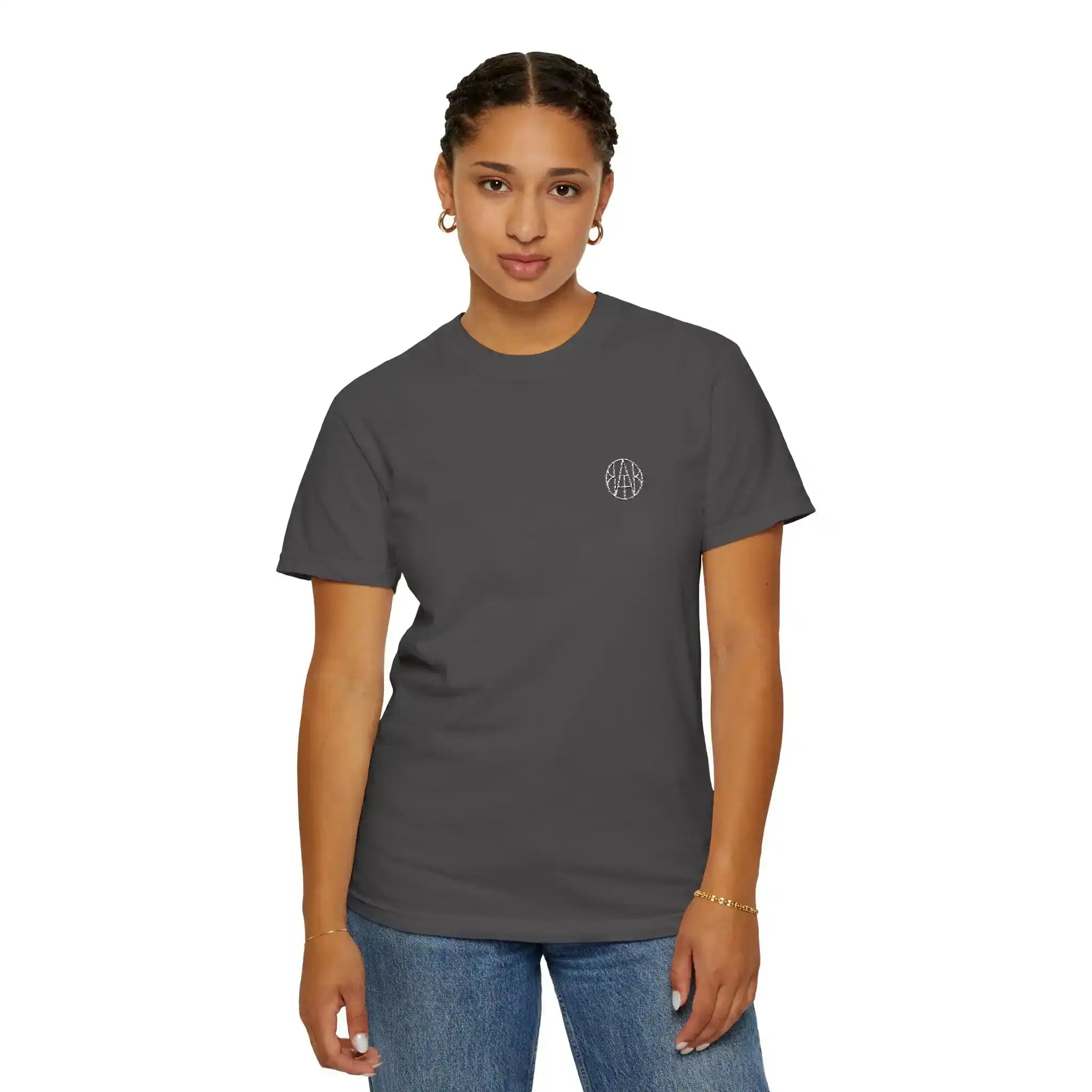 Woman wearing AEMBR charcoal t-shirt with small white logo, casual style, white background