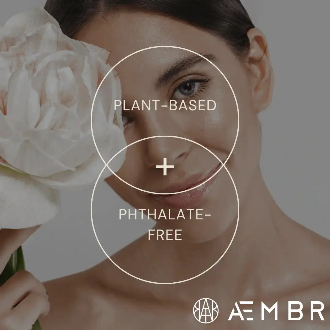 Woman holding white flower, overlapping circles with 'plant-based' and 'phthalate-free', AEMBR logo