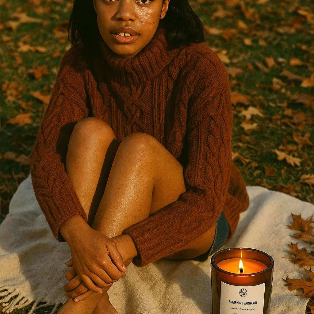 Woman in autumn sweater sitting on blanket with AEMBR Pumpkin Teakwood candle outdoors