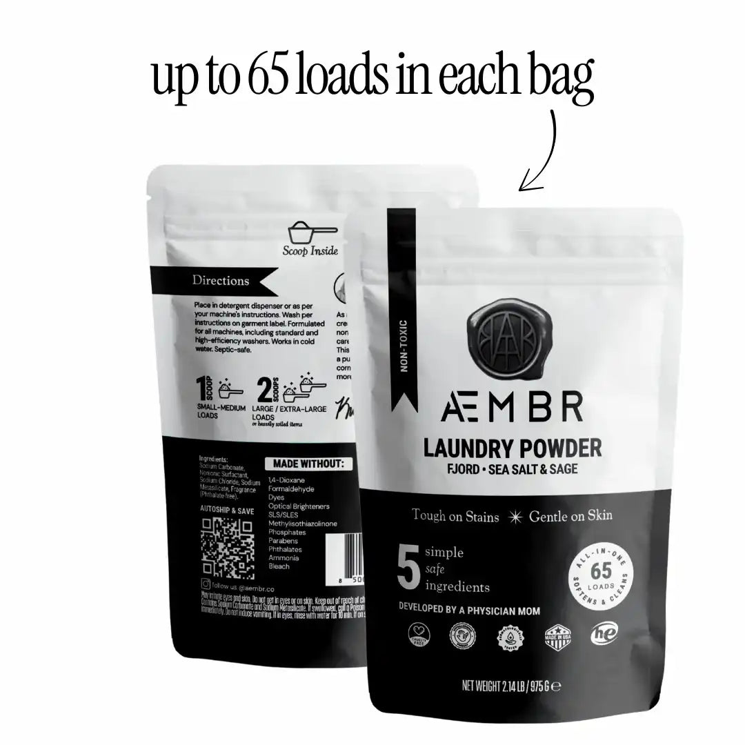 AEMBR non-toxic laundry powder bags, sea salt and sage scent, 65 loads, safe ingredients