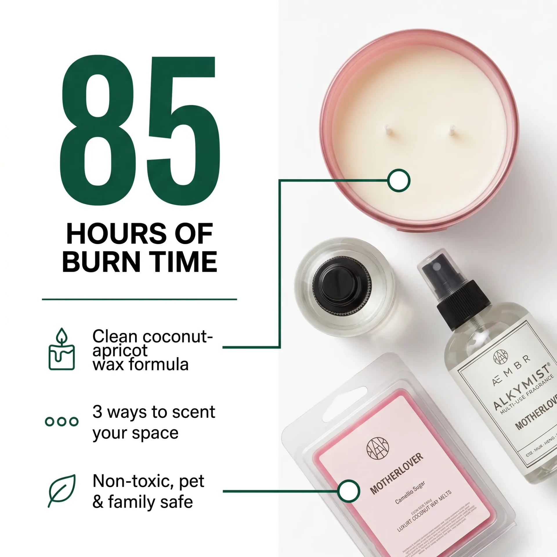 Motherlover Scent Set — 85 Hours of Burn Time — Clean coconut-apricot wax, 3 ways to scent your space, non-toxic pet & family safe — overhead flat-lay product view