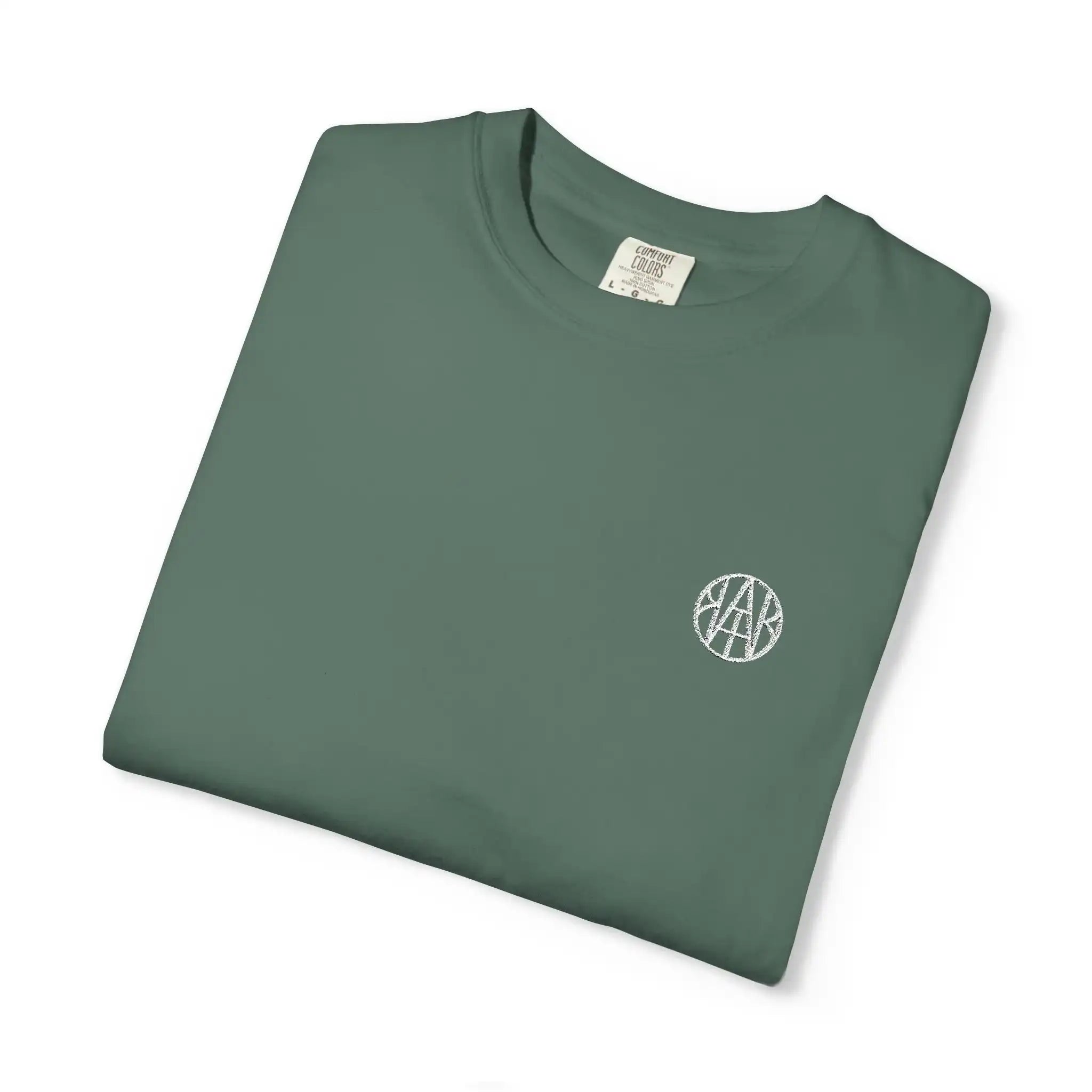 AEMBR folded green t-shirt with white embroidered logo on chest