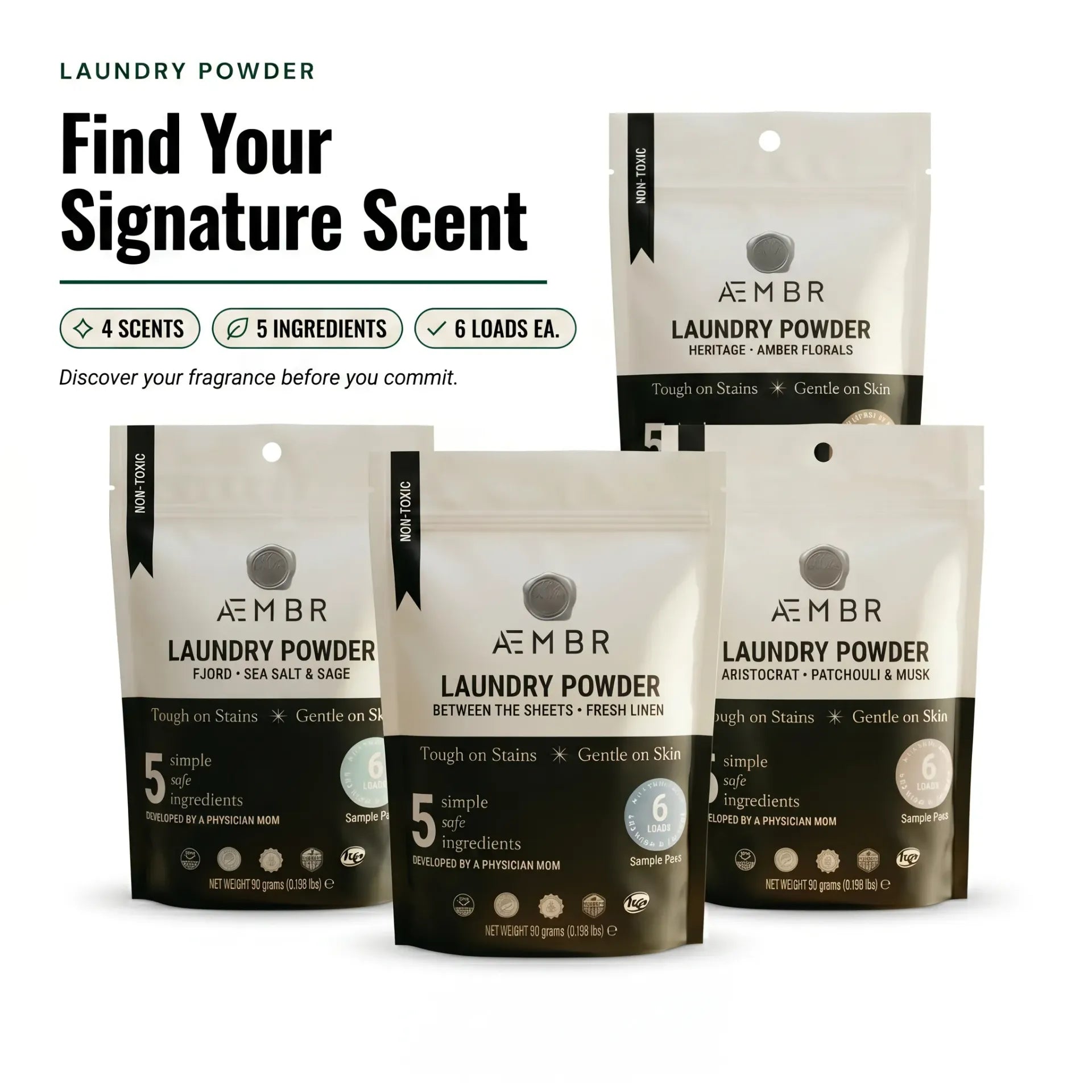 AEMBR laundry bundle with three scent sampler packs of laundry powder, featuring colorful packaging and scent variety.