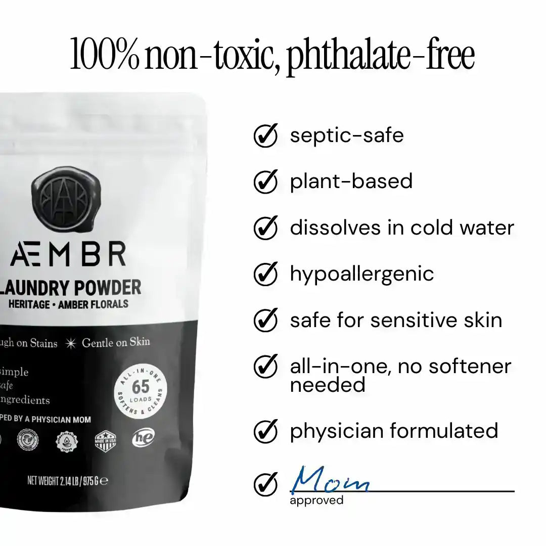 AEMBR non-toxic laundry powder bag with benefits list, phthalate-free, plant-based, hypoallergenic.