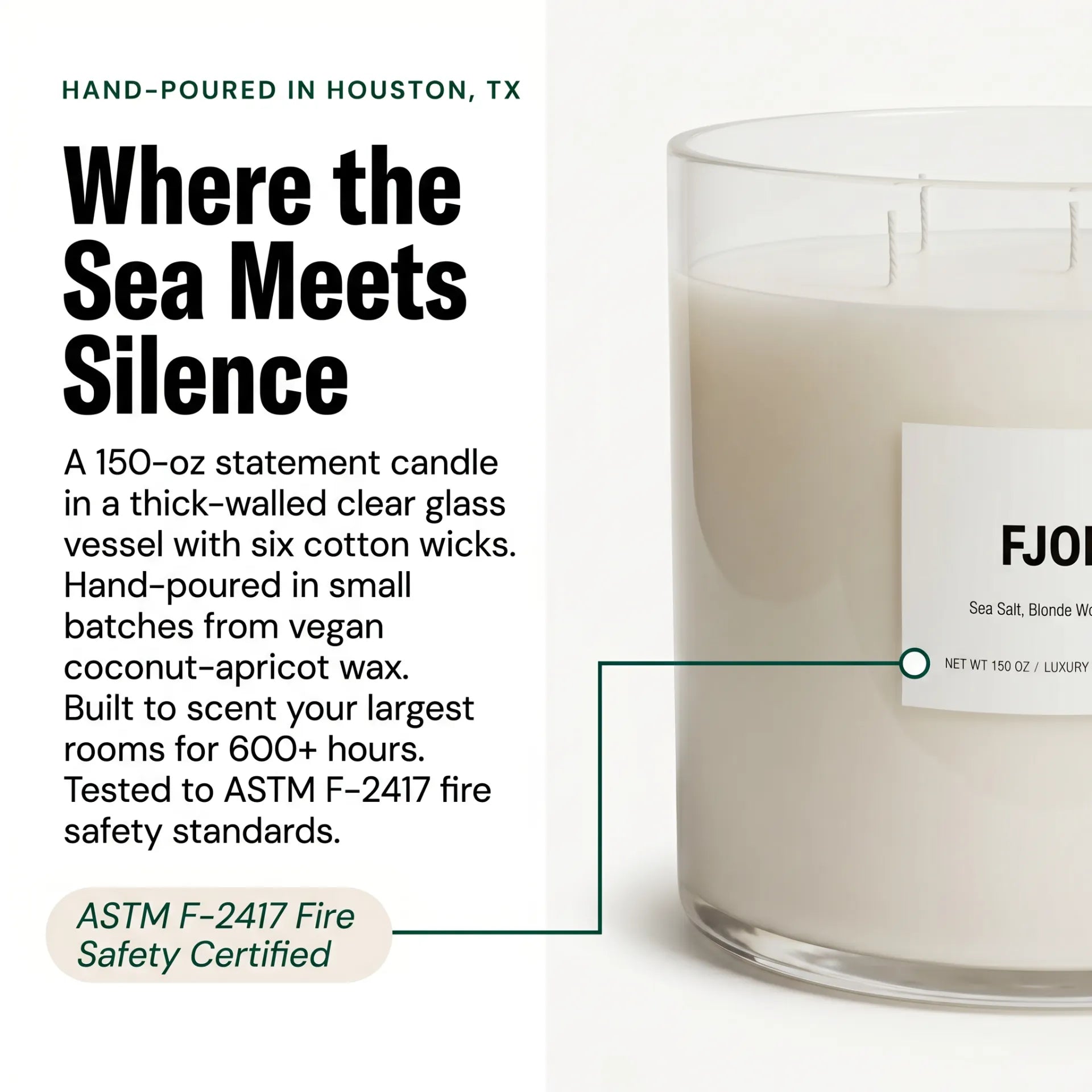 Valkyrie Fjord candle 150oz editorial 3/4 view hand-poured Houston TX ASTM fire safety certified