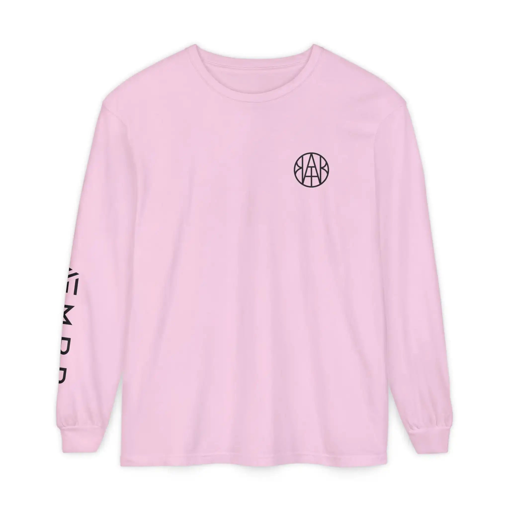 AEMBR light pink long sleeve shirt with logo on chest and brand name on sleeve