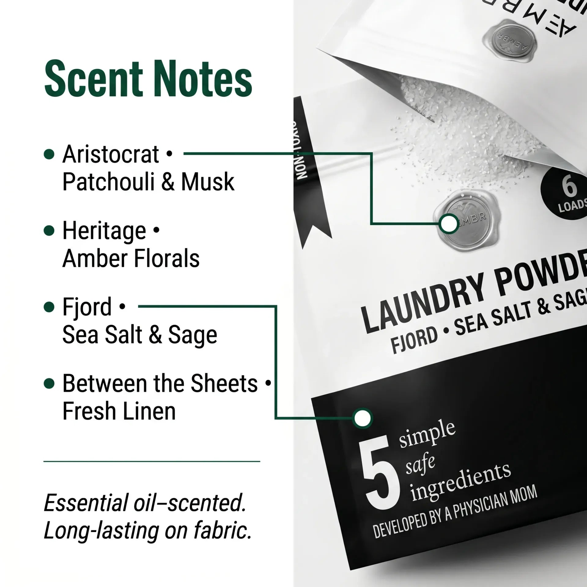AEMBR Laundry Powder Scent Sampler Pack with small sample bottles in a clear box, showcasing different fragrance options for laundry.