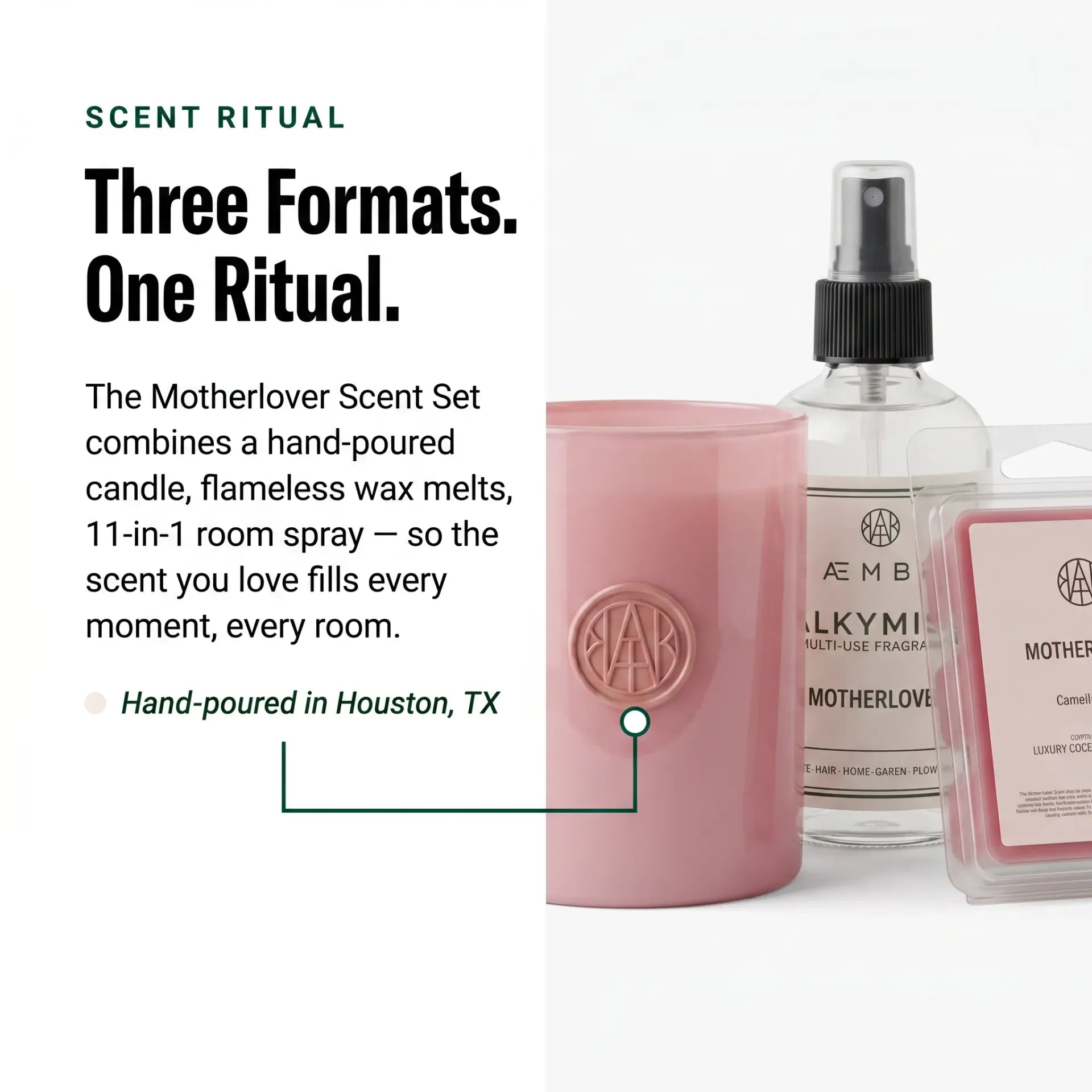 Motherlover Scent Set — Three Formats One Ritual — Hand-poured Candle, Wax Melts & ALKYMIST Room Spray editorial 3/4 view — Hand-poured in Houston TX