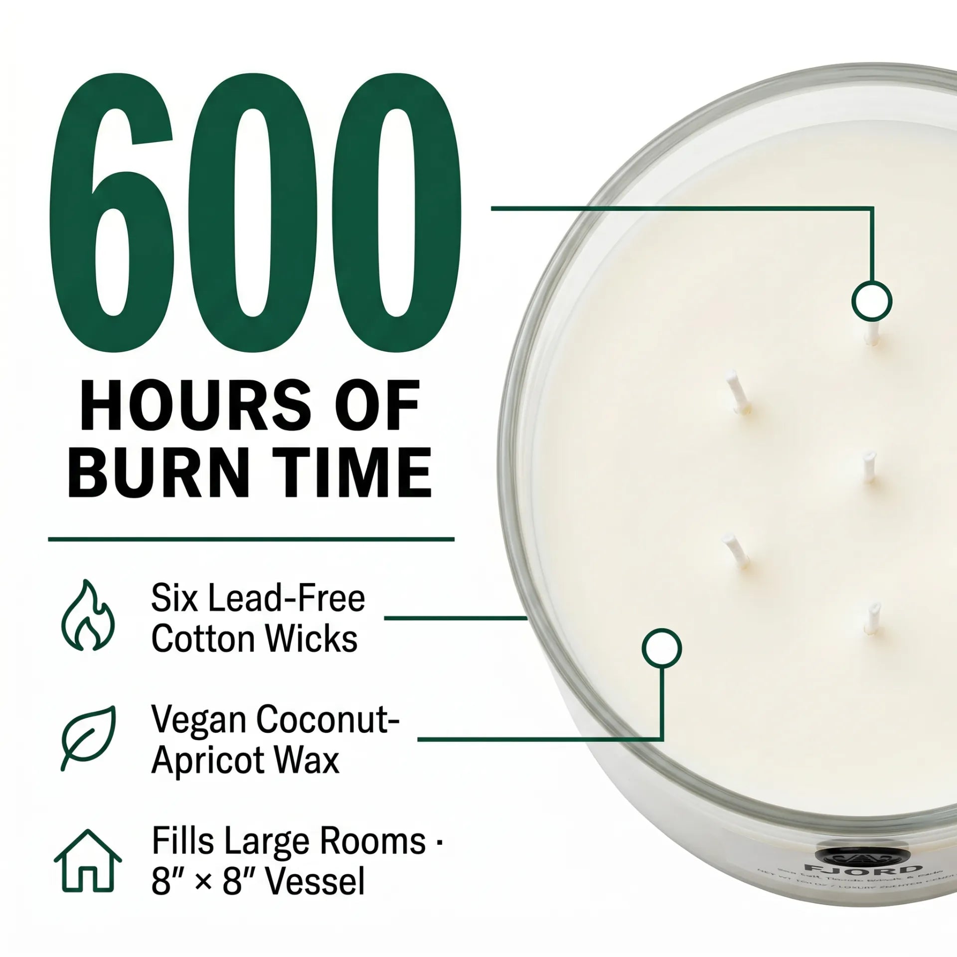 600 hours burn time Fjord candle overhead top-down 6 wicks vegan coconut apricot wax large room