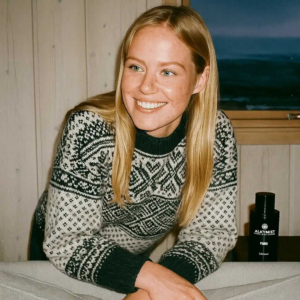 Smiling woman in patterned sweater indoors by window, AEMBR ALKYMIST bottle on table