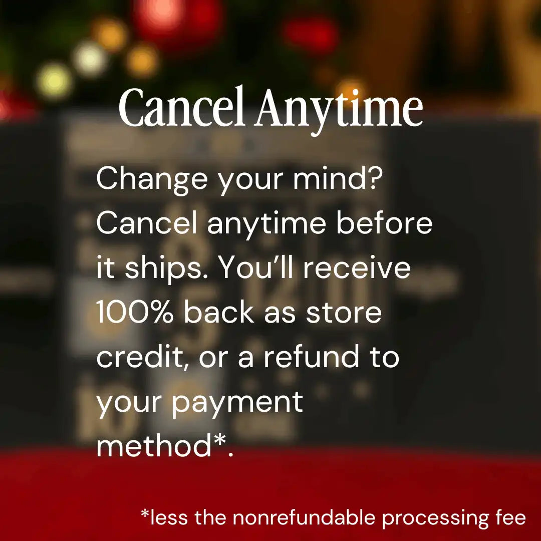 AEMBR cancel anytime policy graphic, text overlay about refunds, festive blurred background.