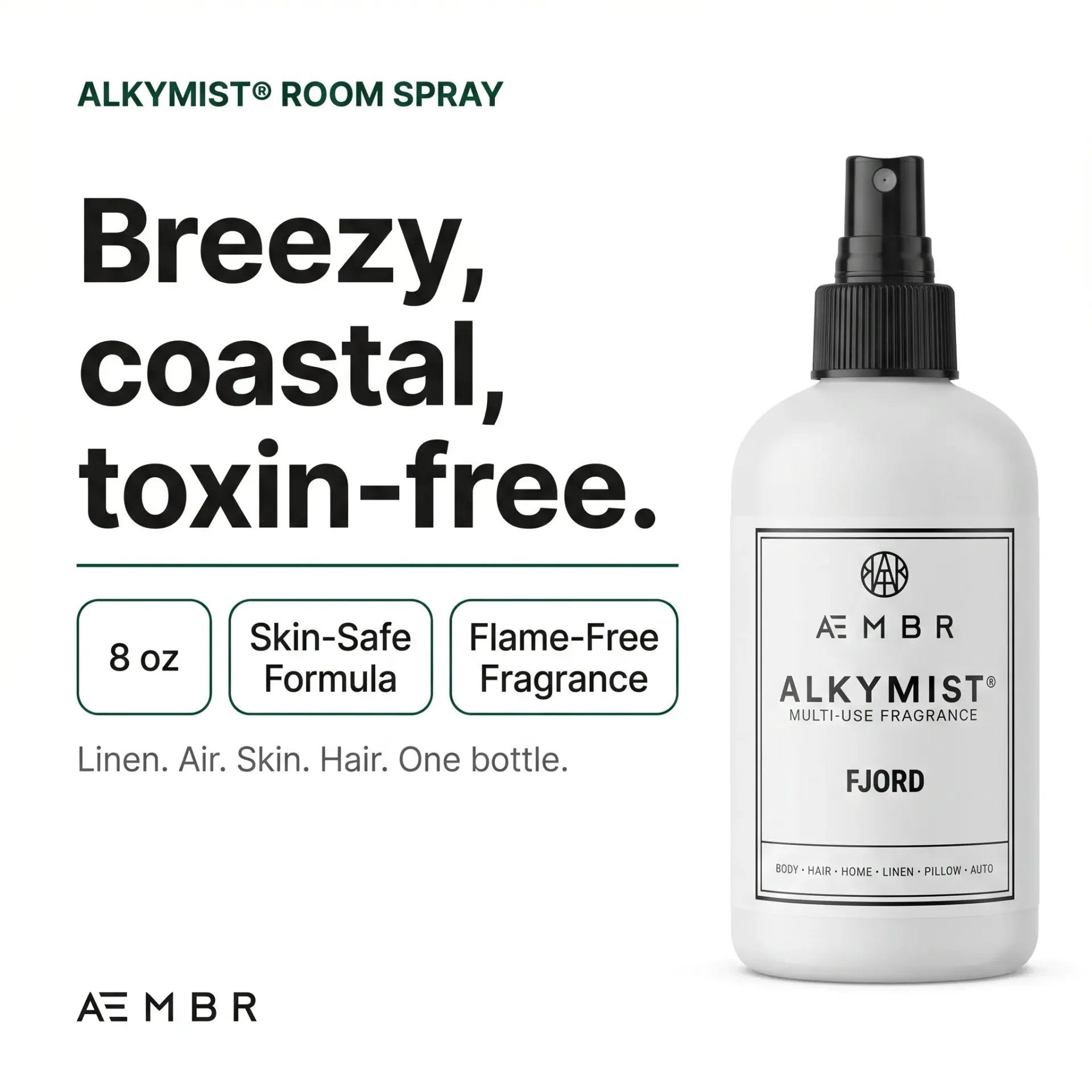 AEMBR Alkymist® Fjord Room Spray, multi-use fragrance bottle with sleek design and elegant labeling on a neutral background.